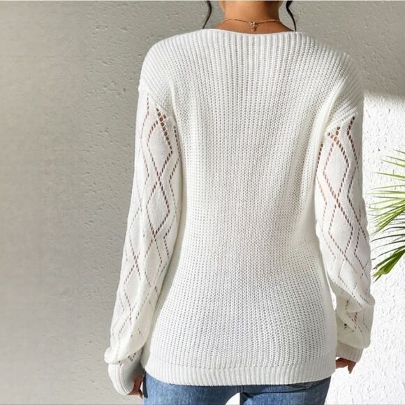 Mirol Women's Ivory Openwork V-Neck Long Sleeve Sweater - Picture 4 of 16